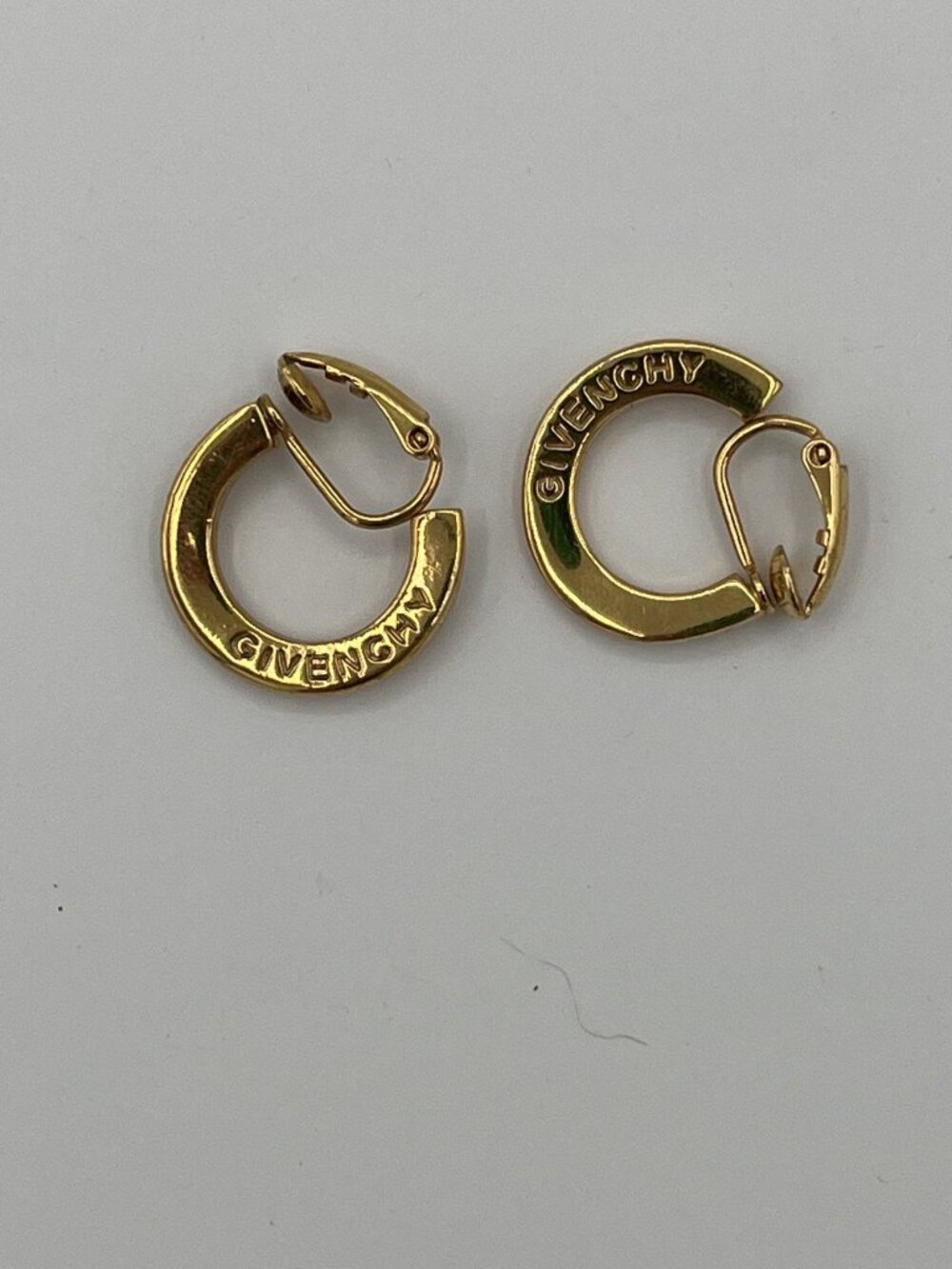 Vintage Givenchy Gold Tone Logo Hoop Clip On Earrings Engraved GIVENCHY Signed
